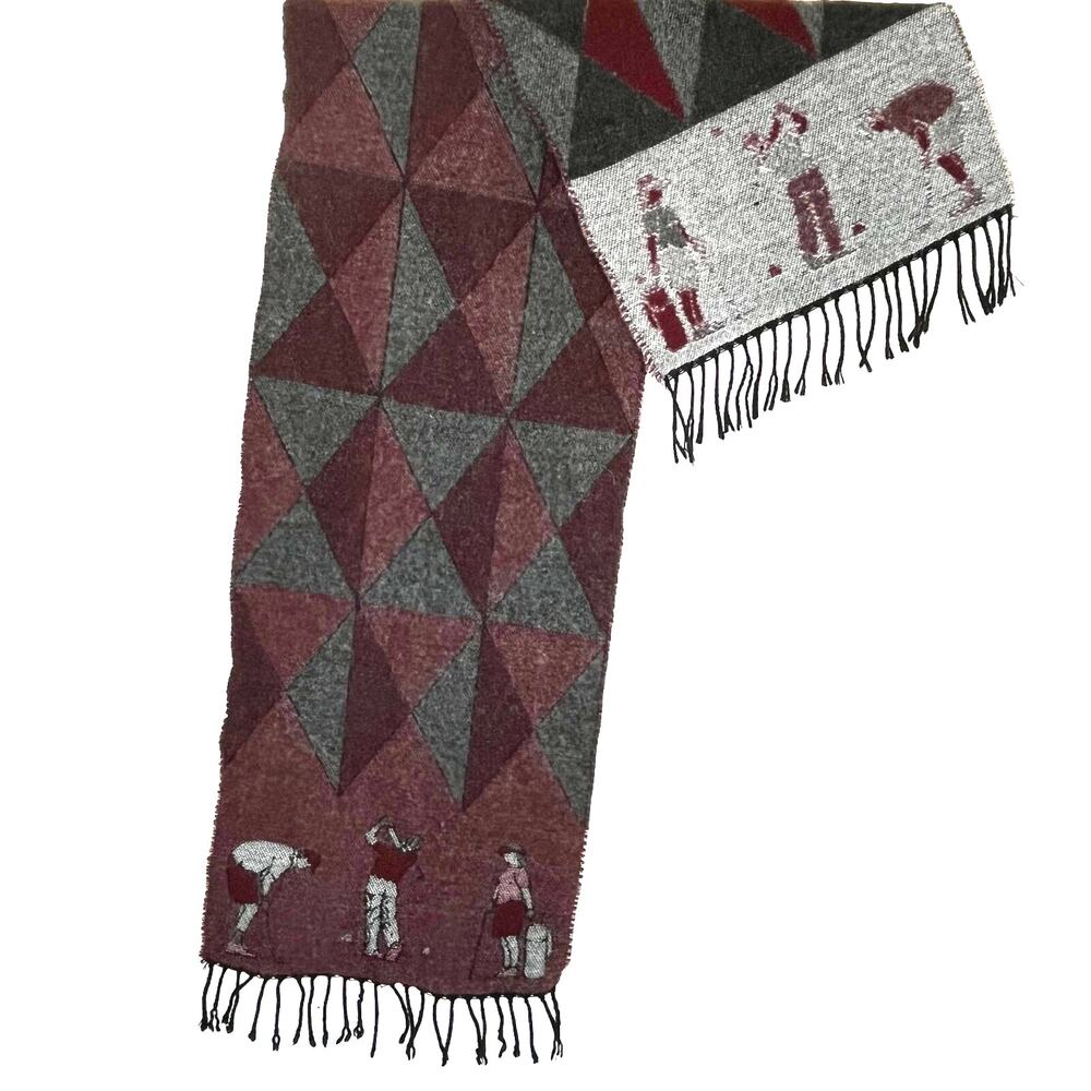 VINTAGE Modena Made in Italy Retro Golf Theme Scarf‎ Fringe Ends Green Burgundy